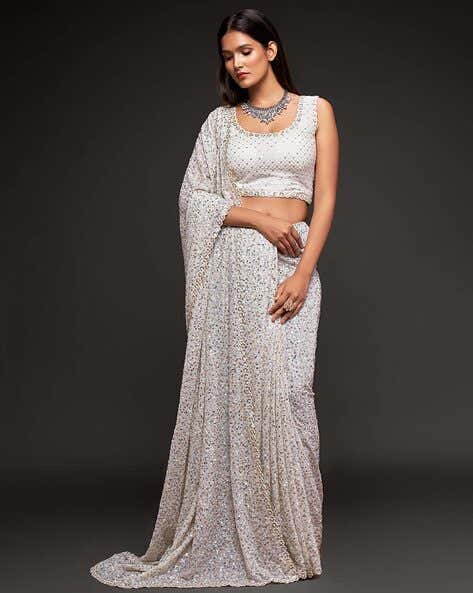 White Pure Chiffon Sequins Embroidery Work Ready to Wear Saree