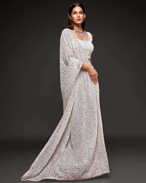 White Pure Chiffon Sequins Embroidery Work Ready to Wear Saree
