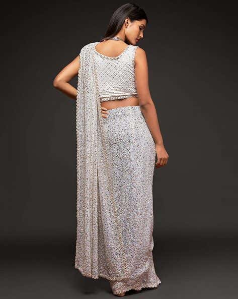 White Pure Chiffon Sequins Embroidery Work Ready to Wear Saree