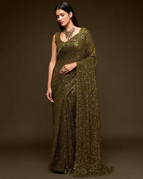Olive Pure Chiffon Sequins Embroidery Work Ready to Wear Saree