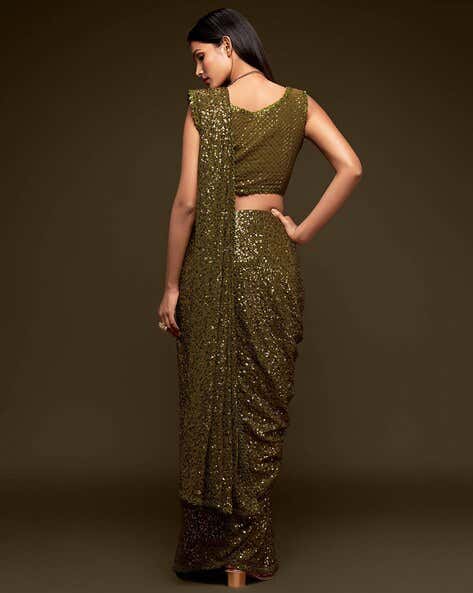 Olive Pure Chiffon Sequins Embroidery Work Ready to Wear Saree