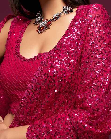 Pink Pure Chiffon Sequins Embroidery Work Ready to Wear Saree