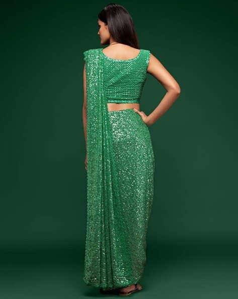 Meet Green Pure Chiffon Sequins Embroidery Work Ready to Wear Saree