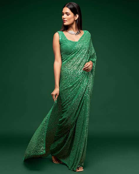 Meet Green Pure Chiffon Sequins Embroidery Work Ready to Wear Saree