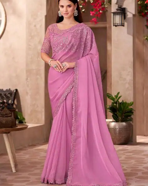 Pink Pure Georgette Chiffon With Embroidery Sequins Saree