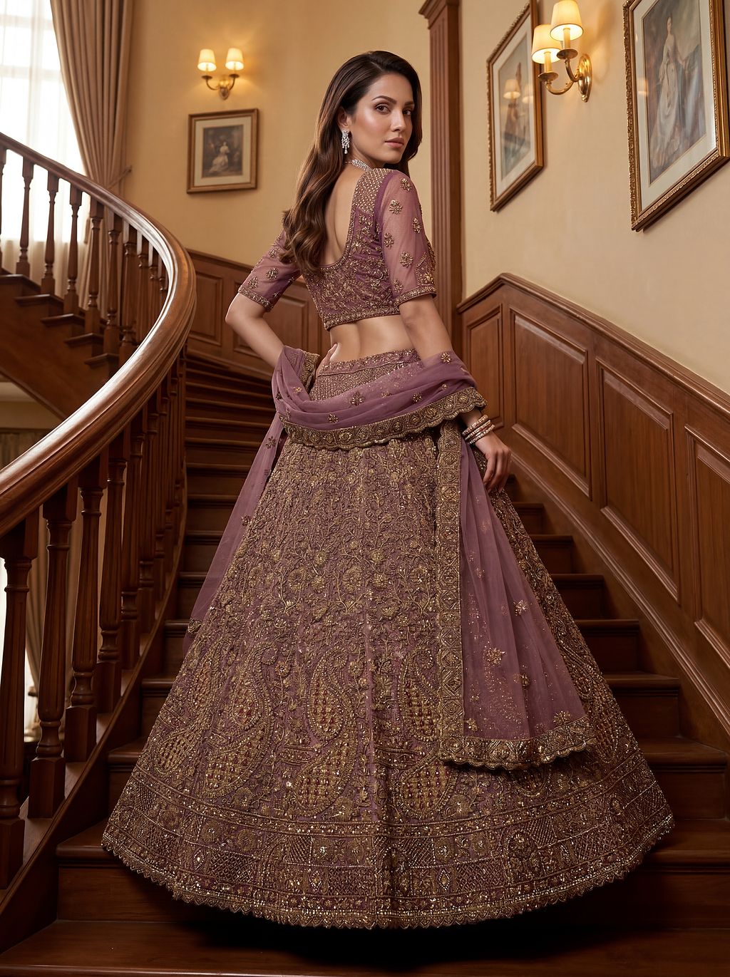 Light Purple Pure Soft Heavy Net Sequins Embroidery Work Bridal Lehenga