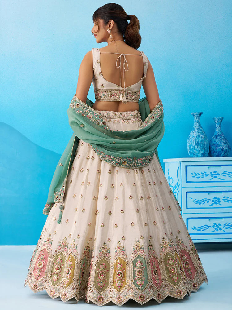 Cream Green Tissue Silk Sequins Embroidered Lehenga Choli with Dupatta