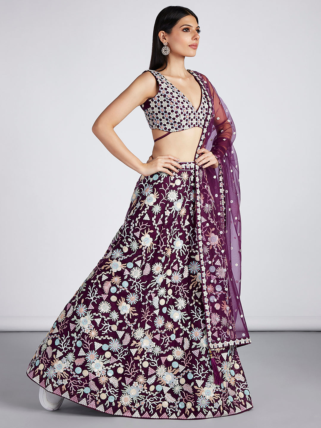 Burgundy Net Floral Sequins Embroidery Lehenga Choli with Dupatta