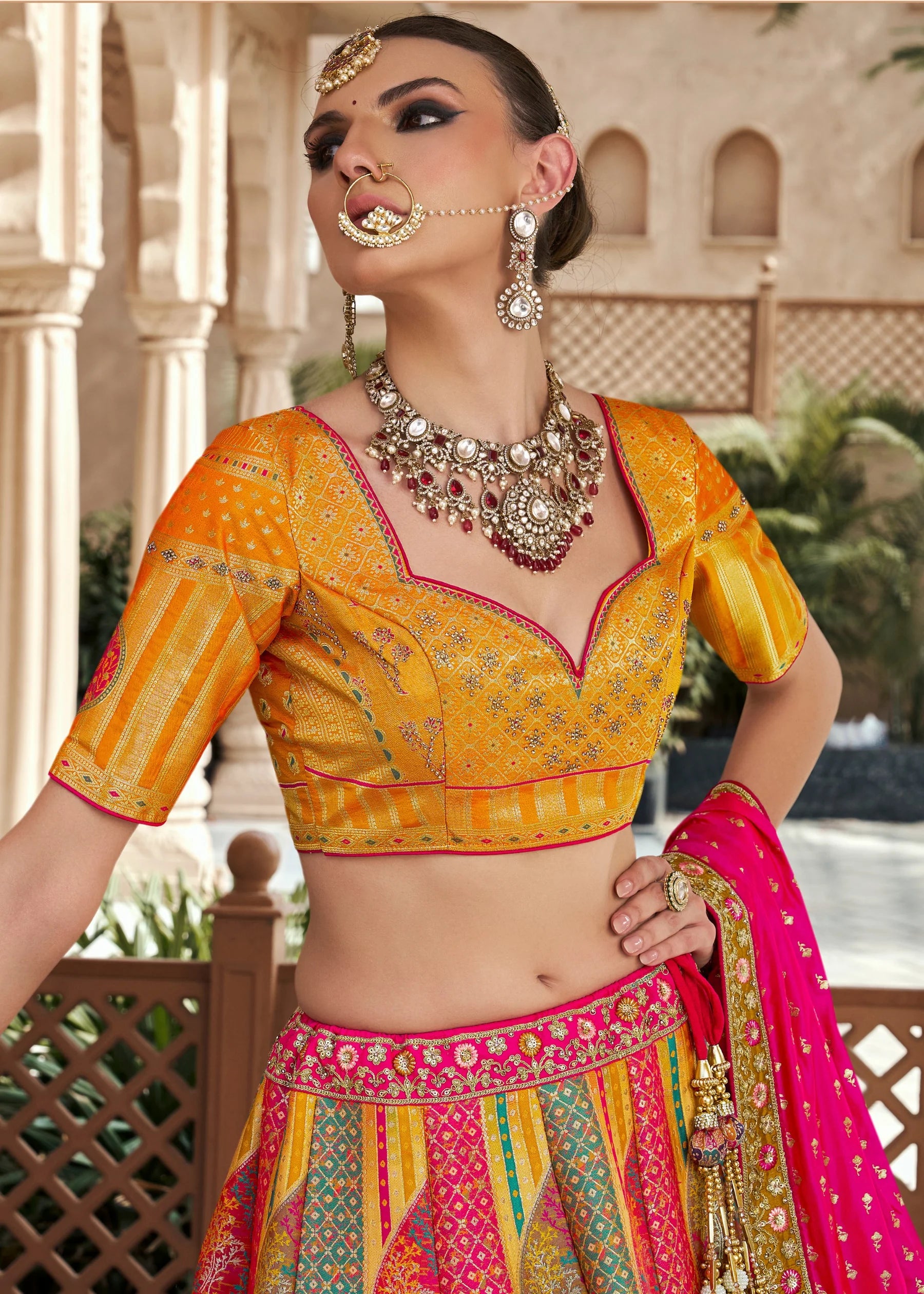 Yellow & Pink Banarasi Silk Lehenga Choli with Zarkan Work