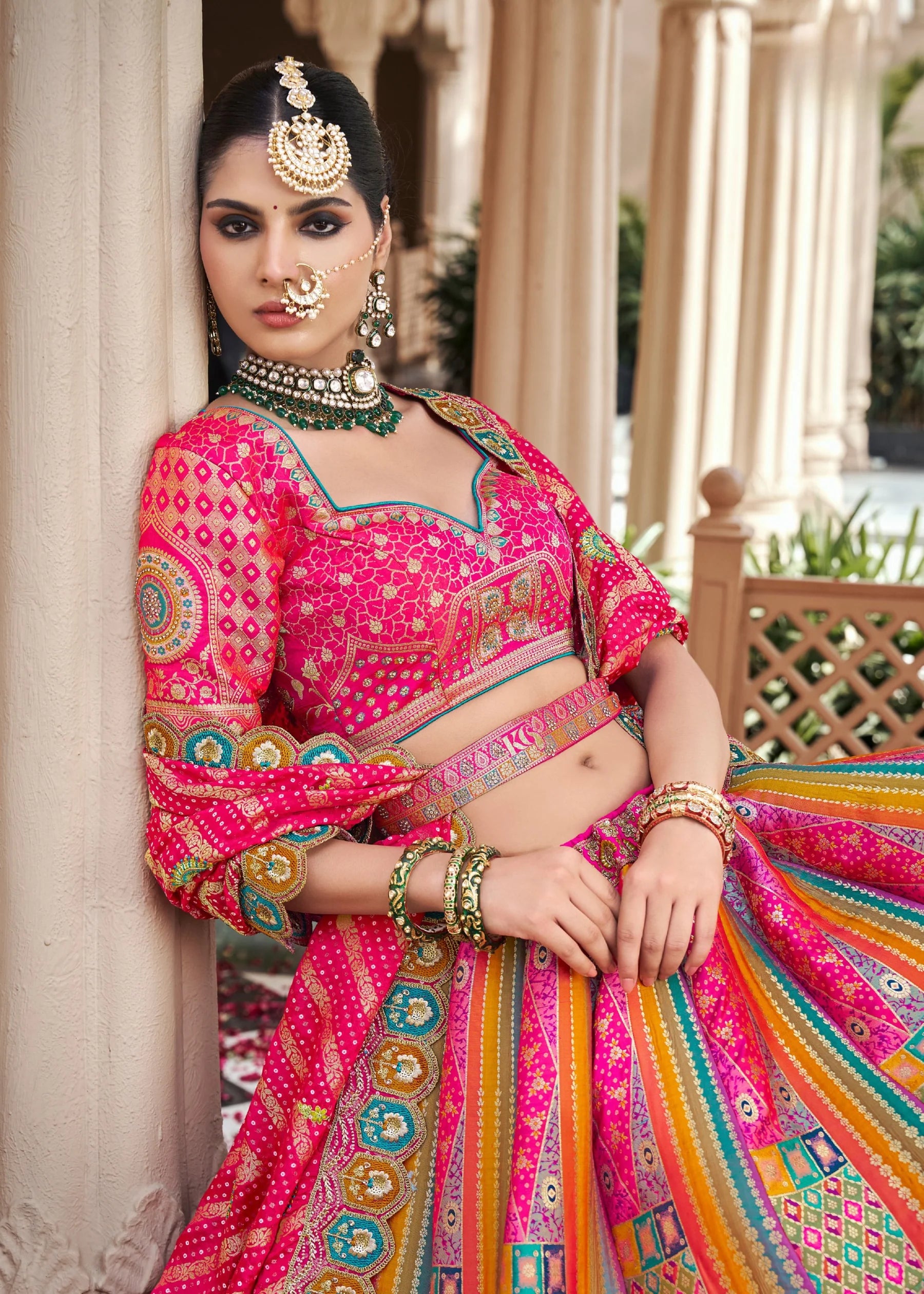 Rani Pink Multicolor Banarasi Silk Lehenga Choli with Zarkan Work