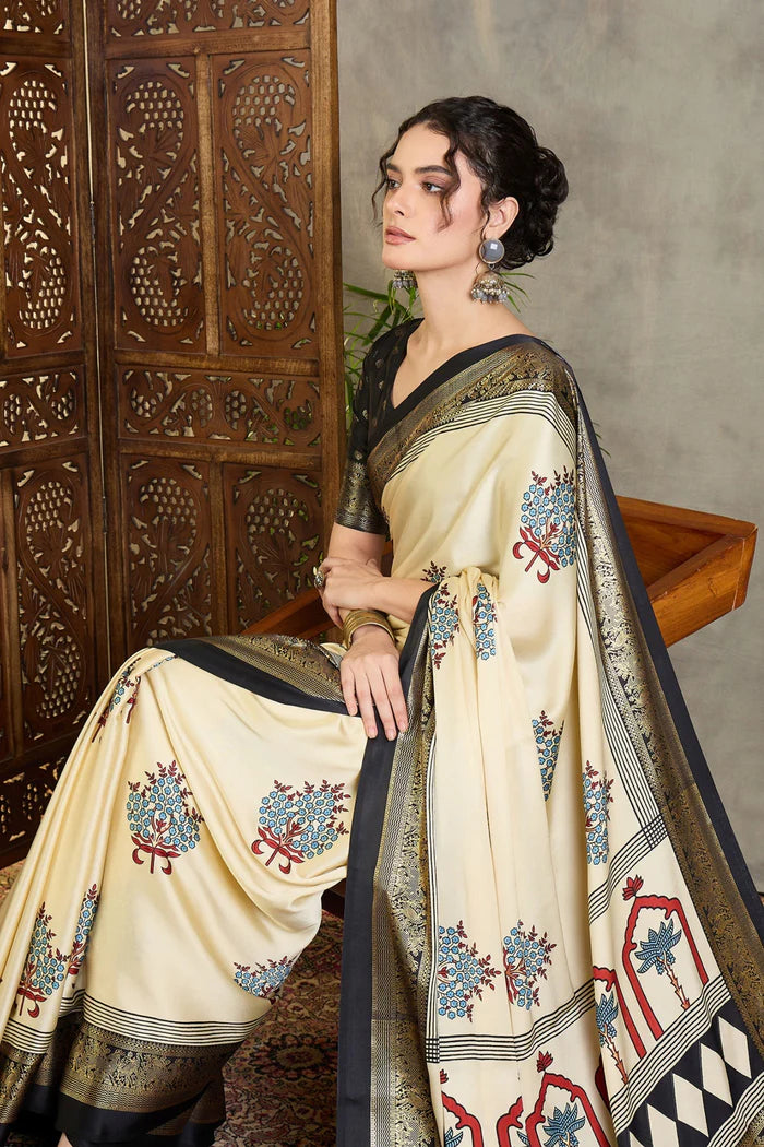 Cream & Black Semi Modal Printed Saree with Gold Zari Border