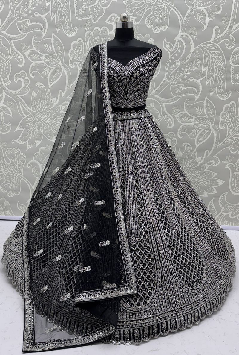 Black Pure Soft Net Heavy Embroidery Work Bridal Lehenga