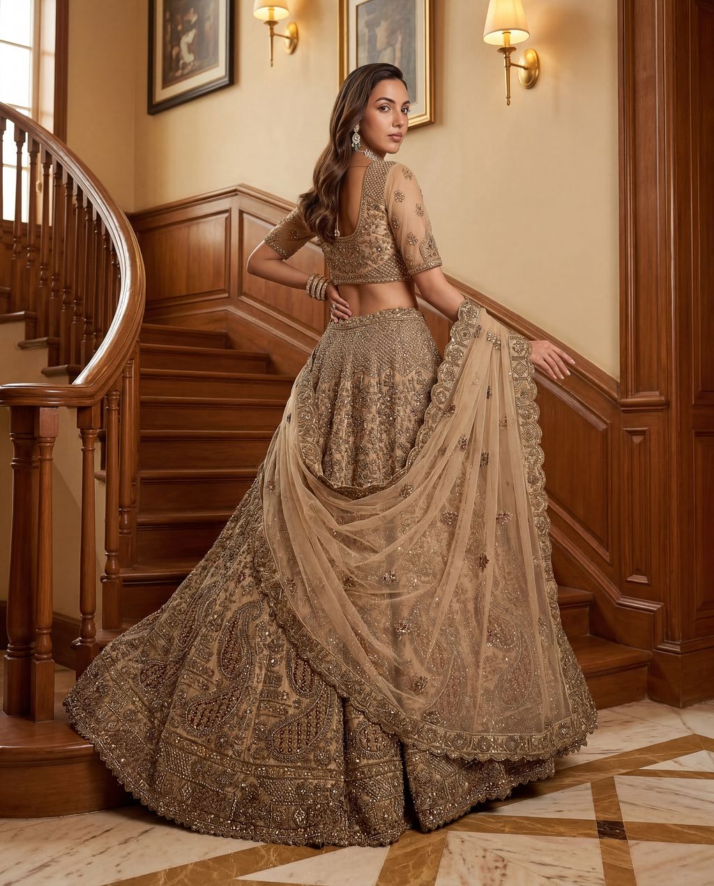 Beige Pure Soft Heavy Net Sequins Embroidery Work Bridal Lehenga