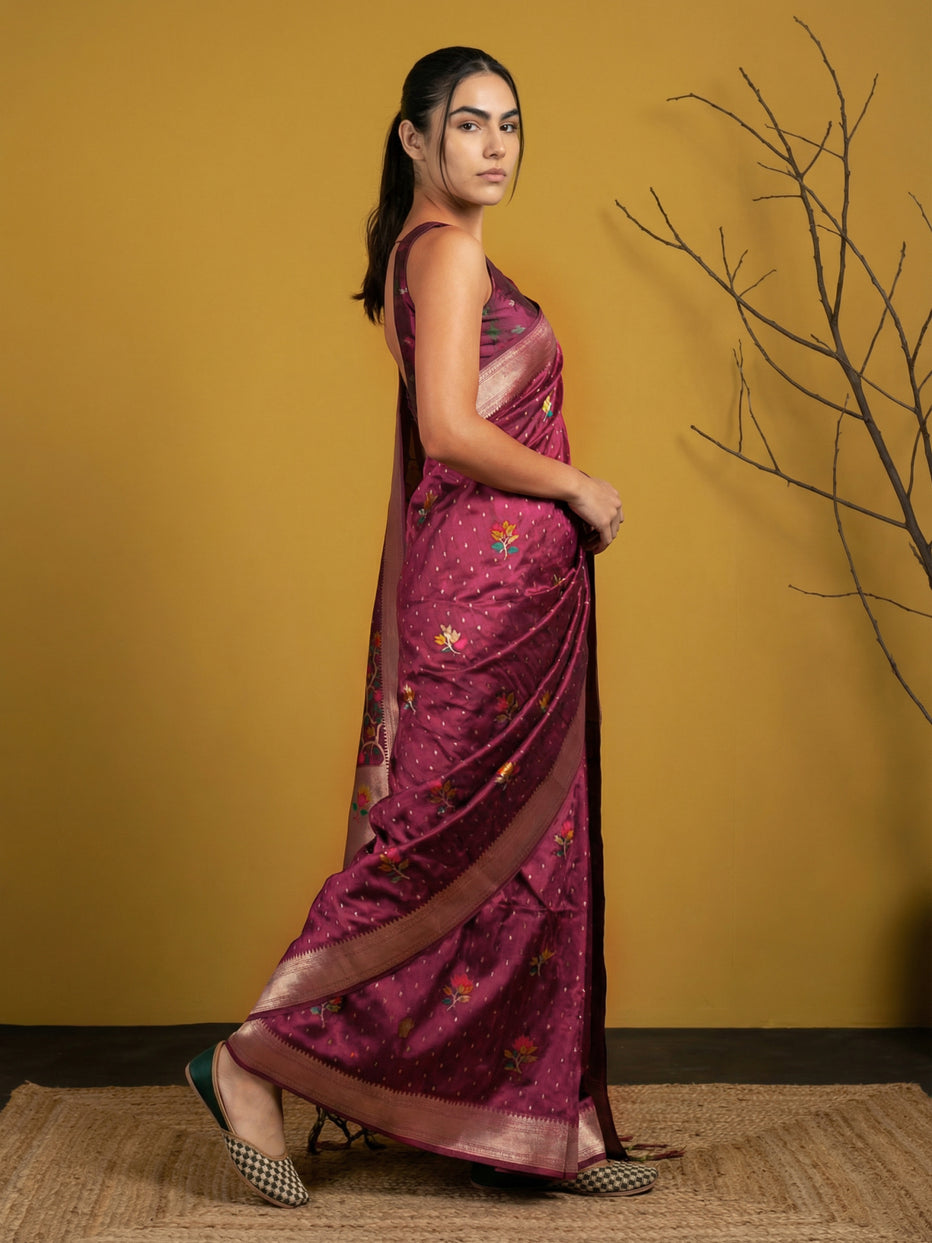 Purple Pure Organza Silk Meenakari Jamdani Zari Woven Organza Saree