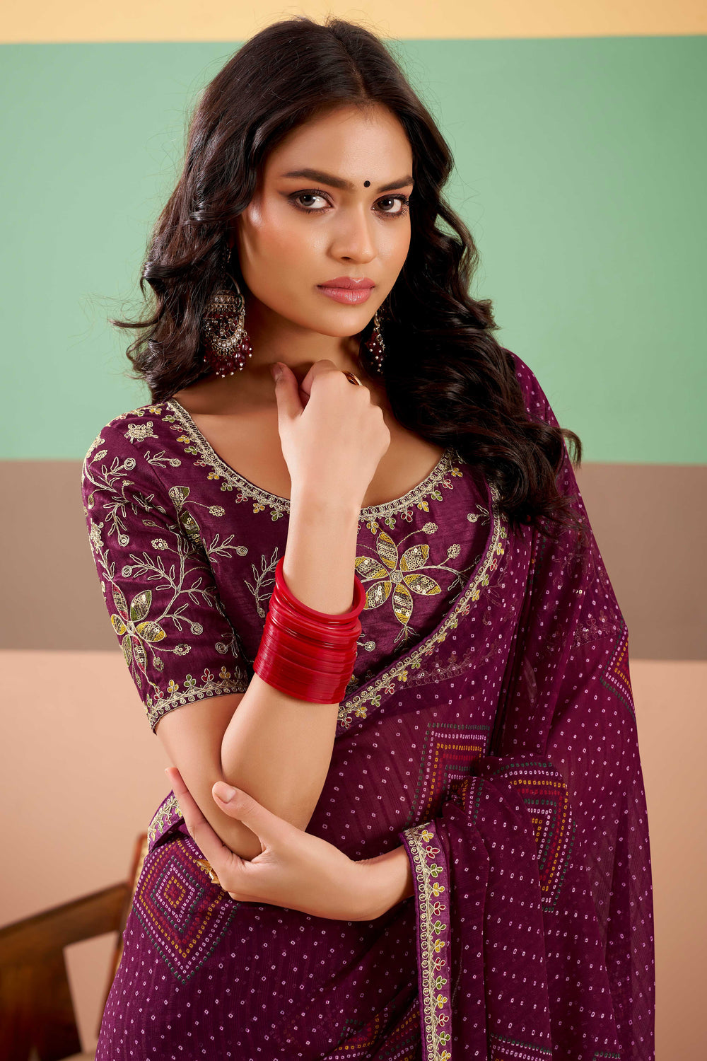 Wine Pure Georgette Chiffon Bandhani Print Saree