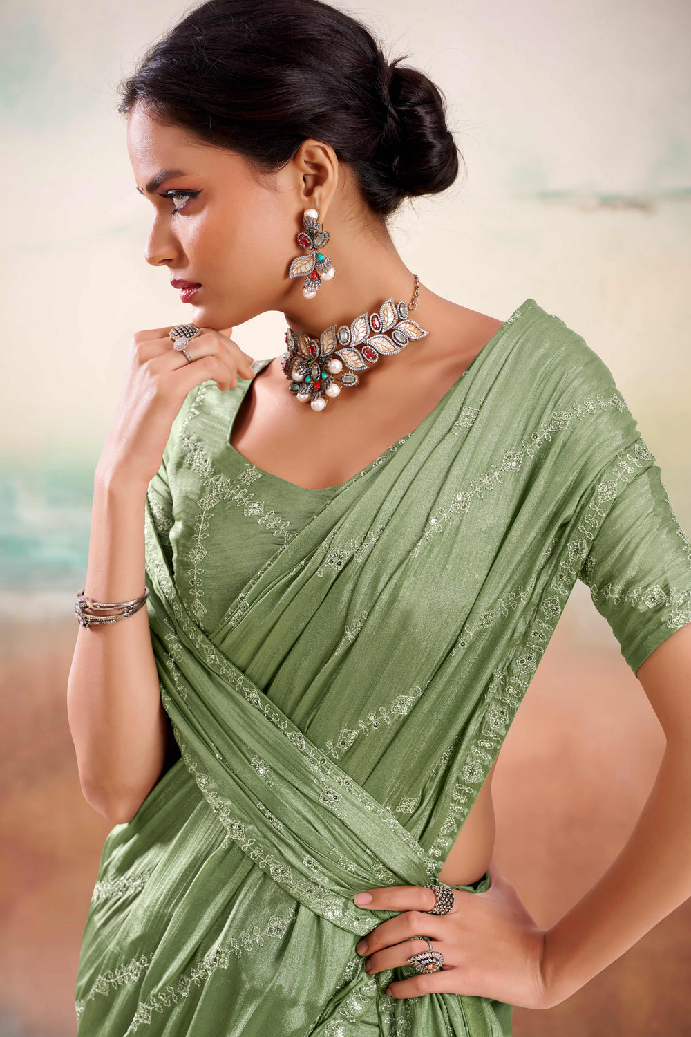 Green Two Tone Chiffon Saree