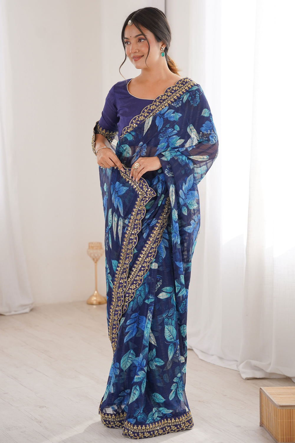 Blue Pure Georgette Floral Print Sequins Saree