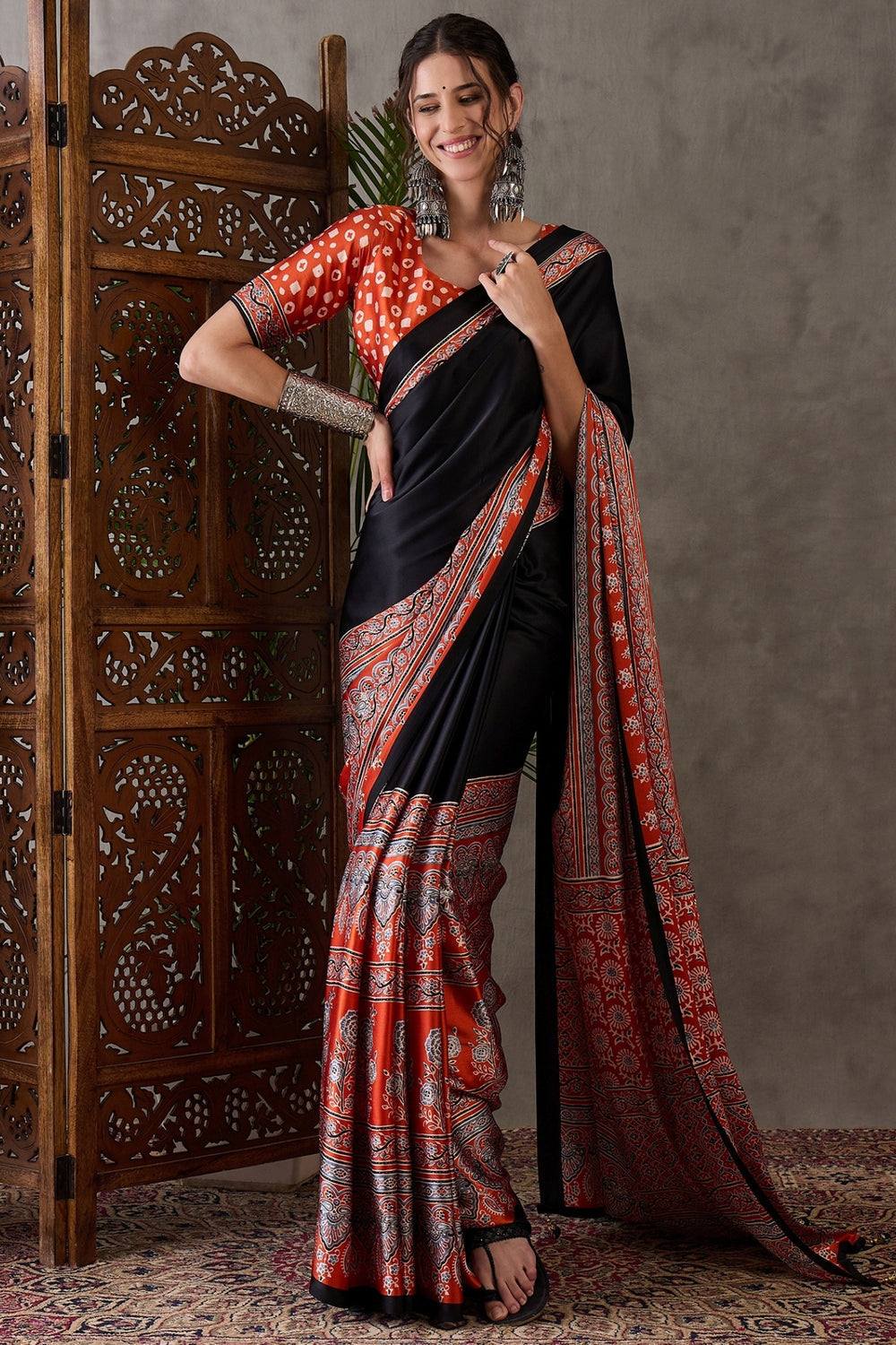 Licorice Black Pure Soft Modal Satin Ajrakh Print Satin Saree Japan Satin Saree Anant Tex Exports Pvt.Ltd..