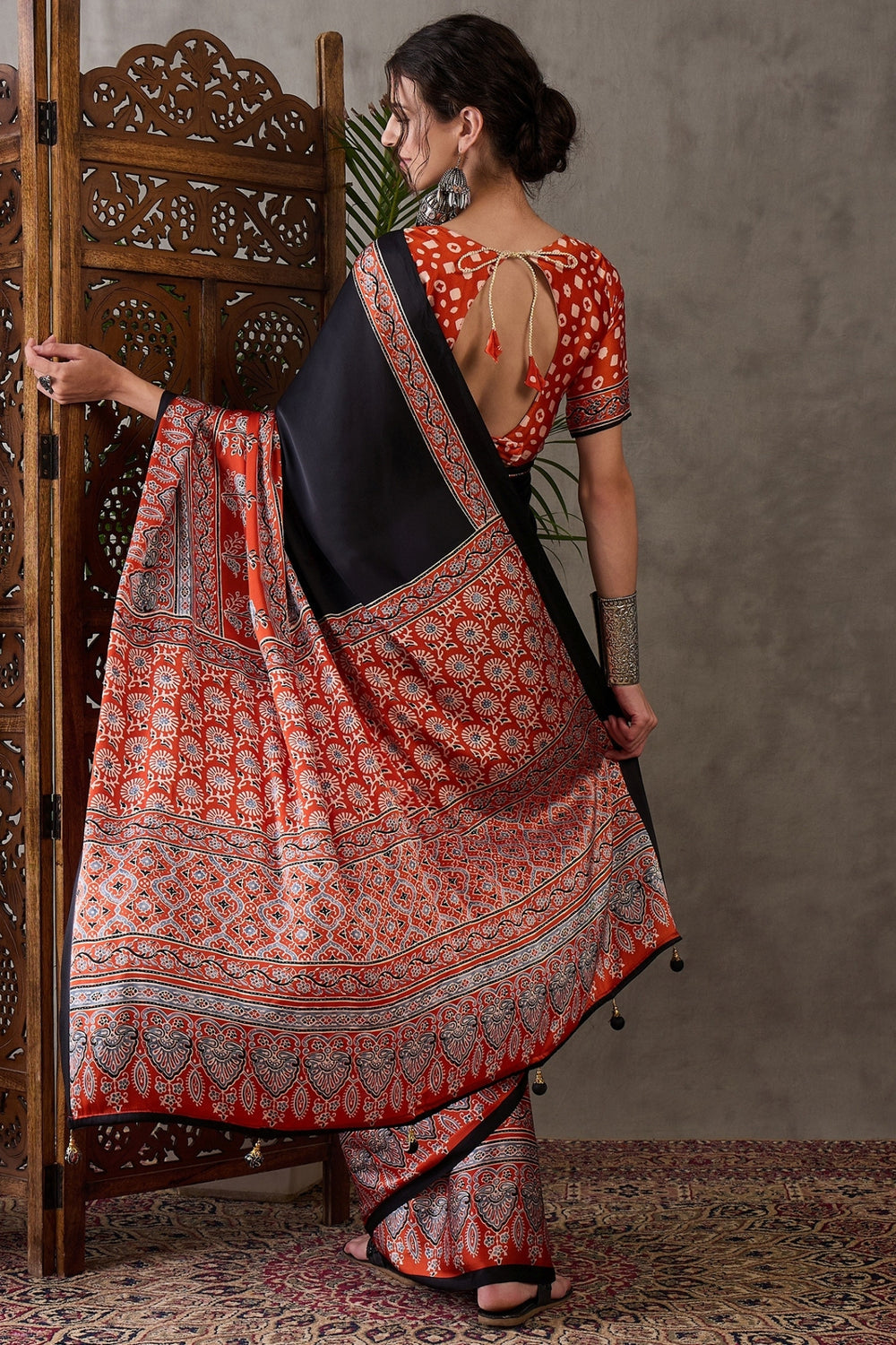 Licorice Black Pure Soft Modal Satin Ajrakh Print Satin Saree Japan Satin Saree Anant Tex Exports Pvt.Ltd..