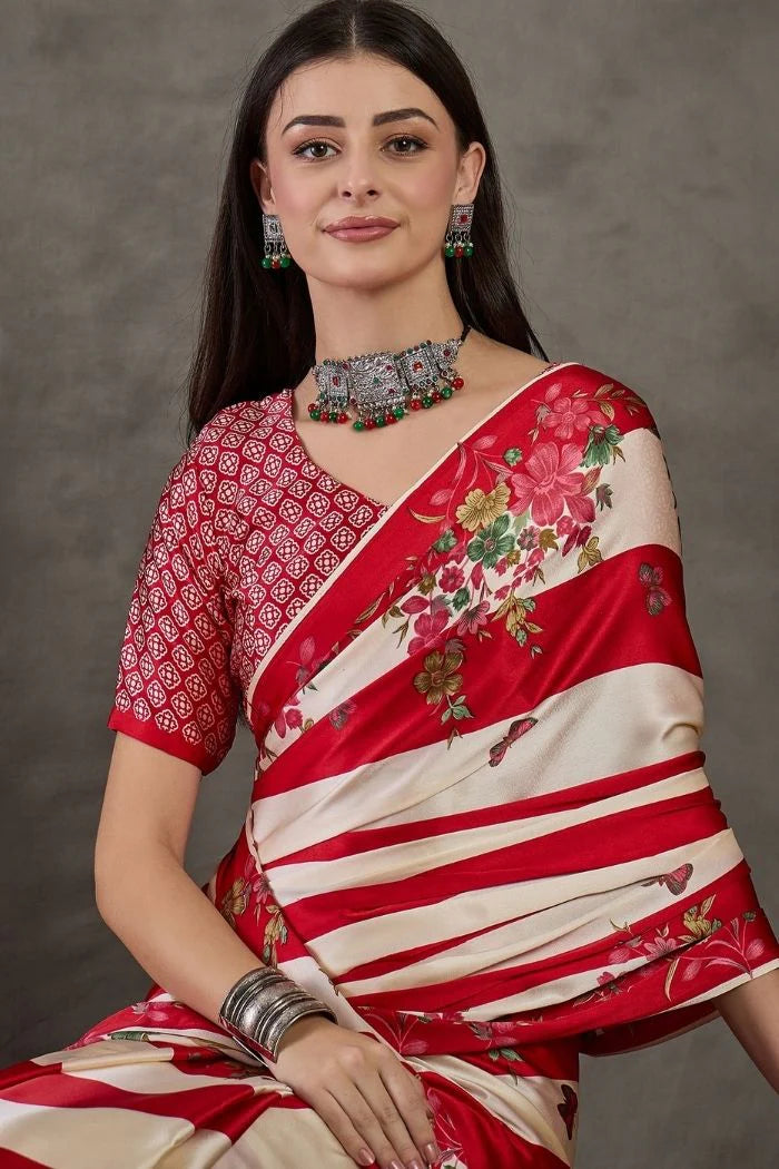 Red & Ivory Semi Modal Floral Printed Party Wear Saree with Blouse