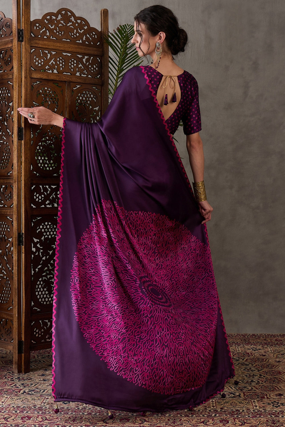 Purple Pure Gaji Silk Satin Printed Saree
