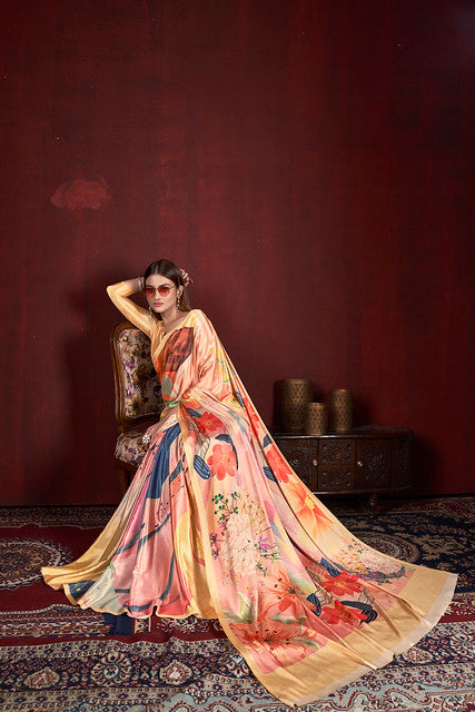 Yellow Pure Soft Crape With Flower Print Satin Saree