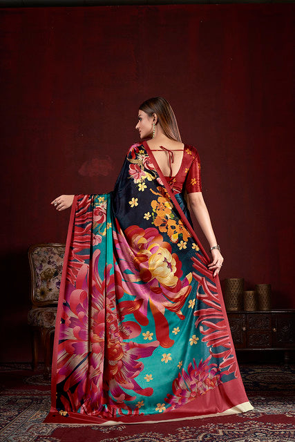 Blue Pure Soft Crape With Flower Print Satin Saree