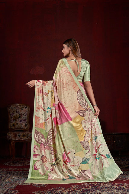 Light Green Pure Soft Crape With Flower Print Satin Saree