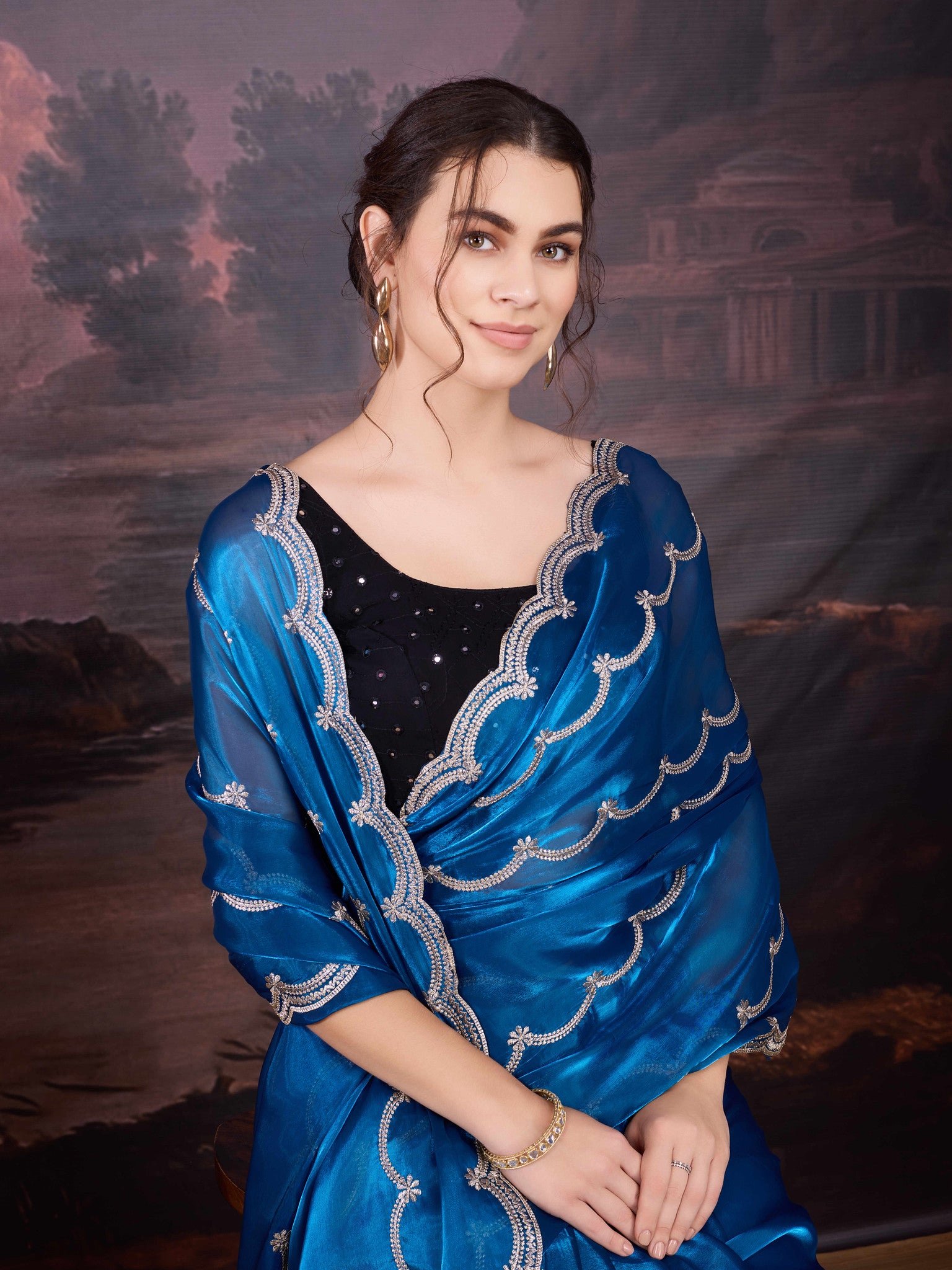 Blue shimmer party saree for women