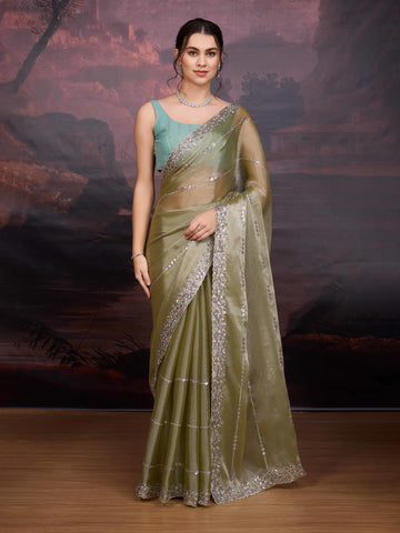 Olive green Jimmy Choo saree with sequin embroidery