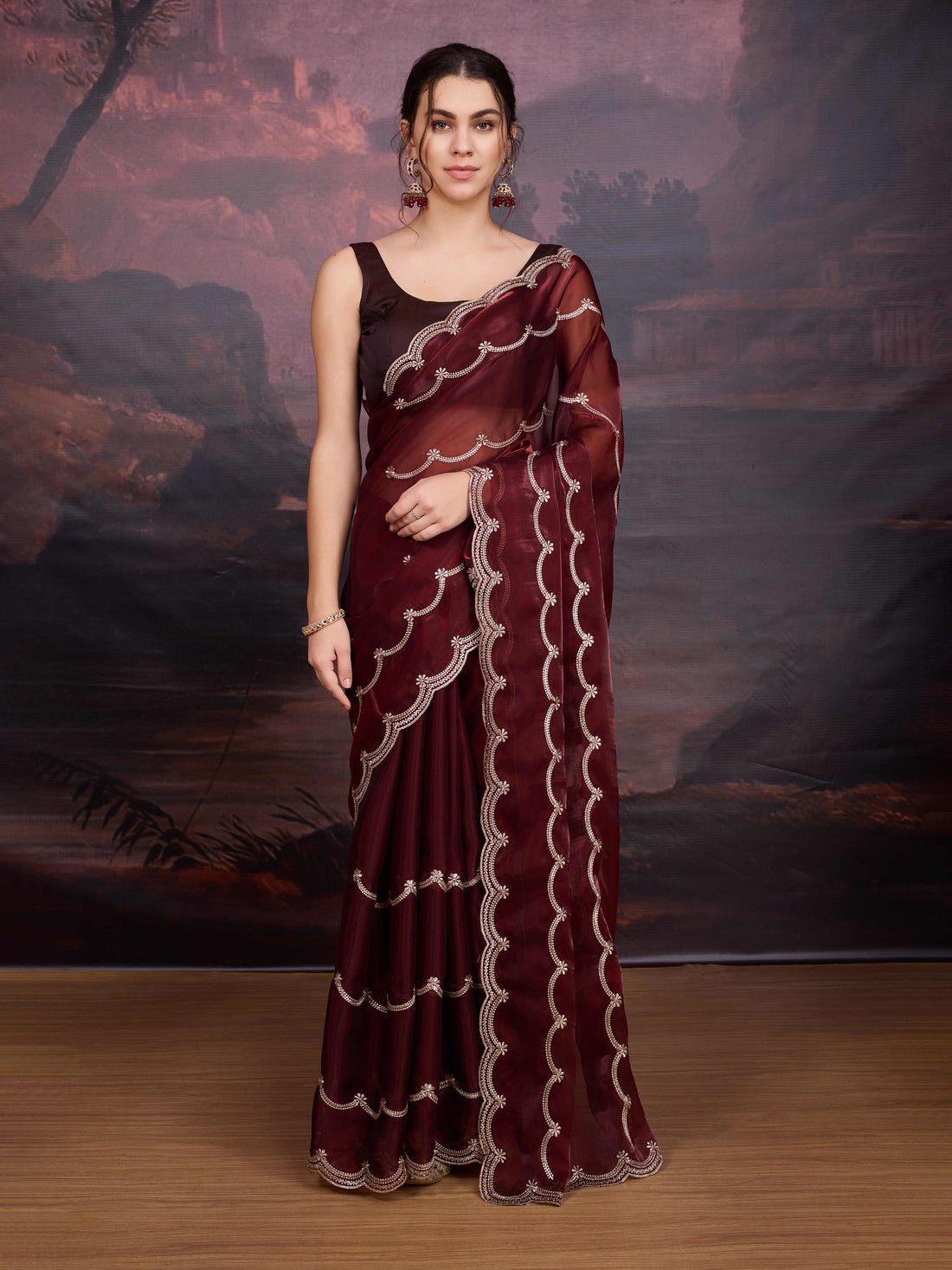 Maroon shimmer Jimmy Choo saree with blouse