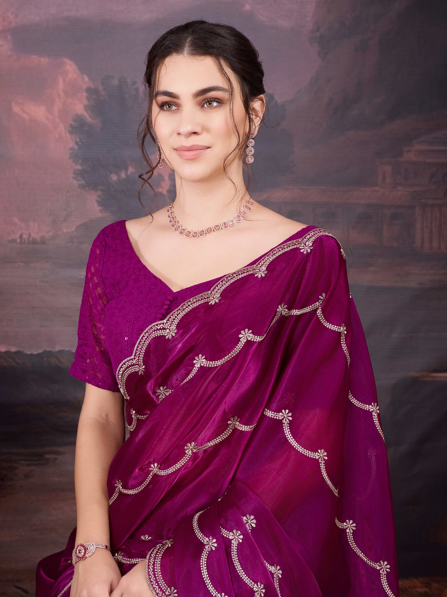 Designer purple saree with embroidery