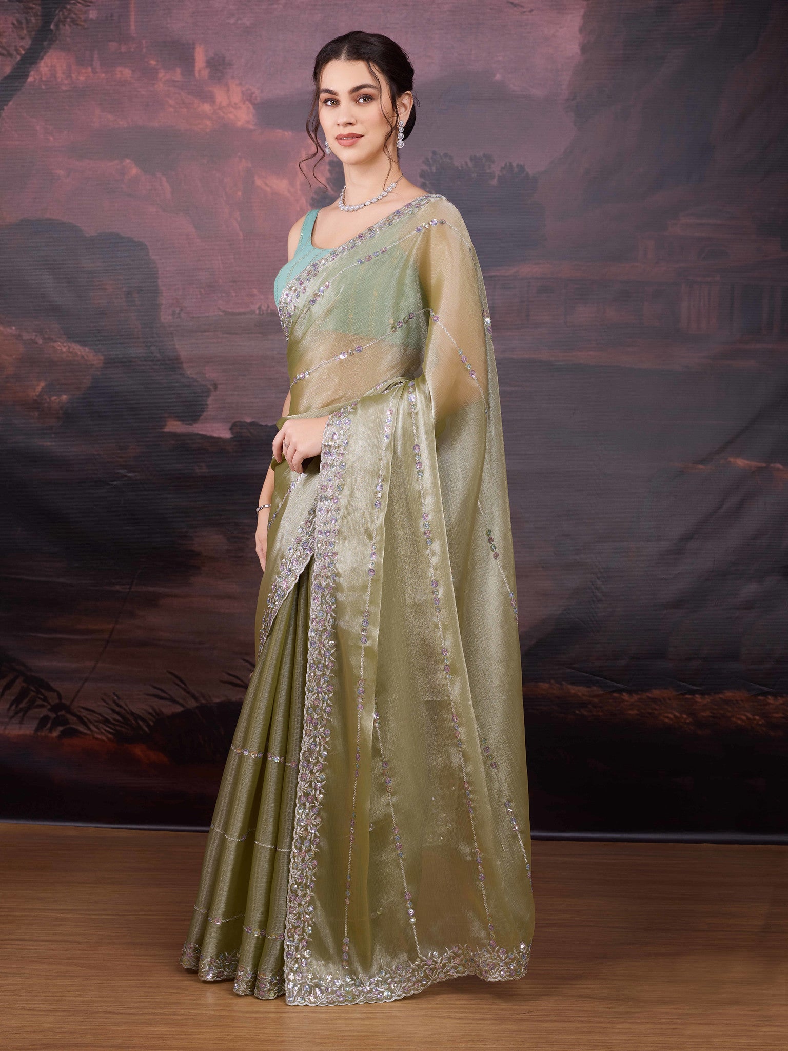 Olive green party saree with silk blouse