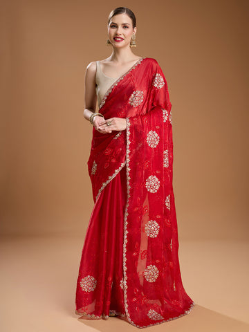 Red Jimmy Choo saree with designer sequin embroidery