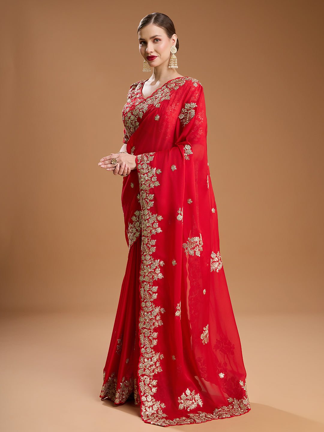 Traditional red saree in Jimmy Choo fabric