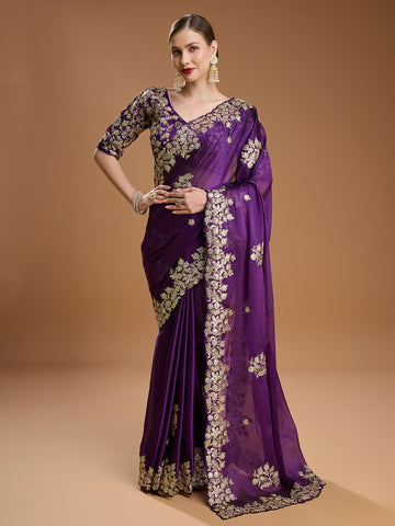 Purple Jimmy Choo saree with golden embroidery for wedding