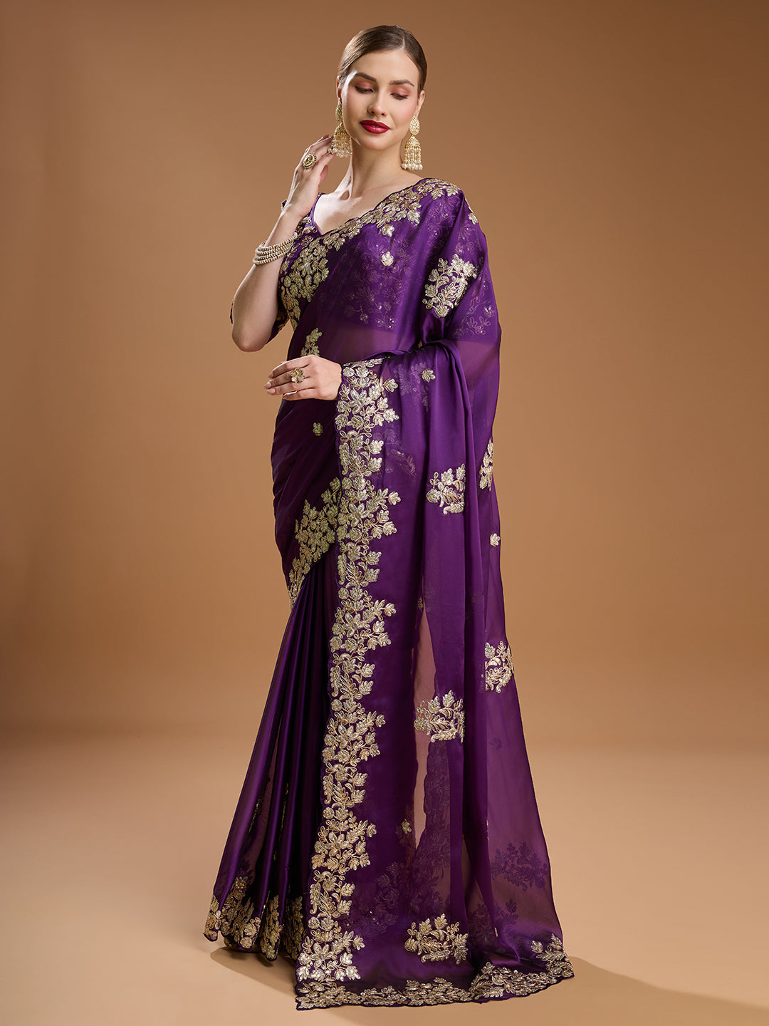 Party wear purple saree with rich coding work