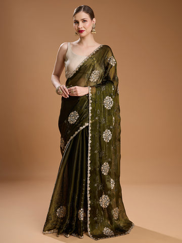 Olive green Jimmy Choo saree with heavy embroidery