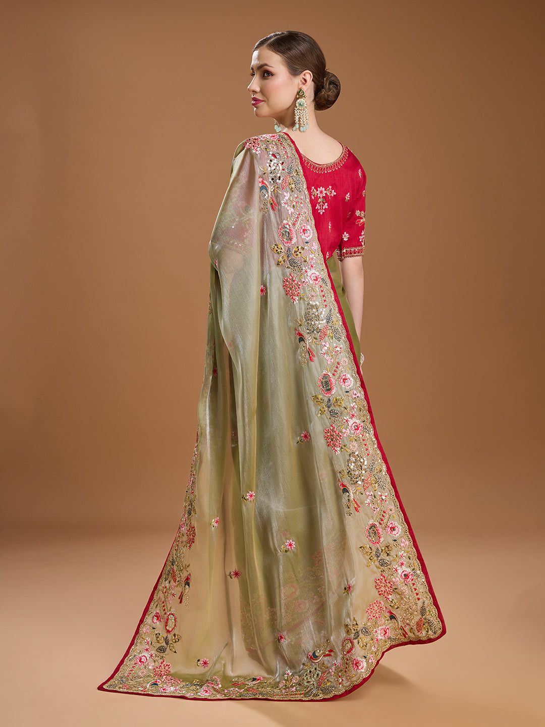 Olive saree with red silk blend blouse embroidery