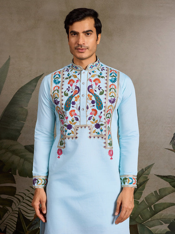 Sky Blue Embroidered Kurta for Men in Viscose Silk