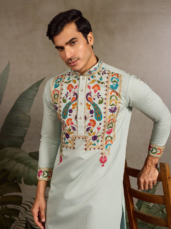 Pista Green Embroidered Kurta for Men
