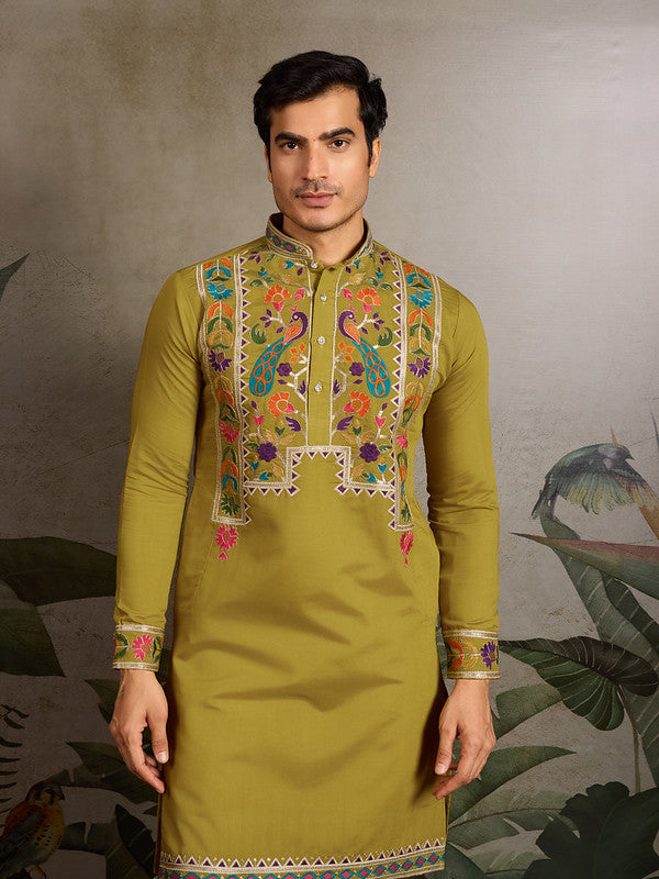 Fluorescent Green Embroidered Kurta for Men