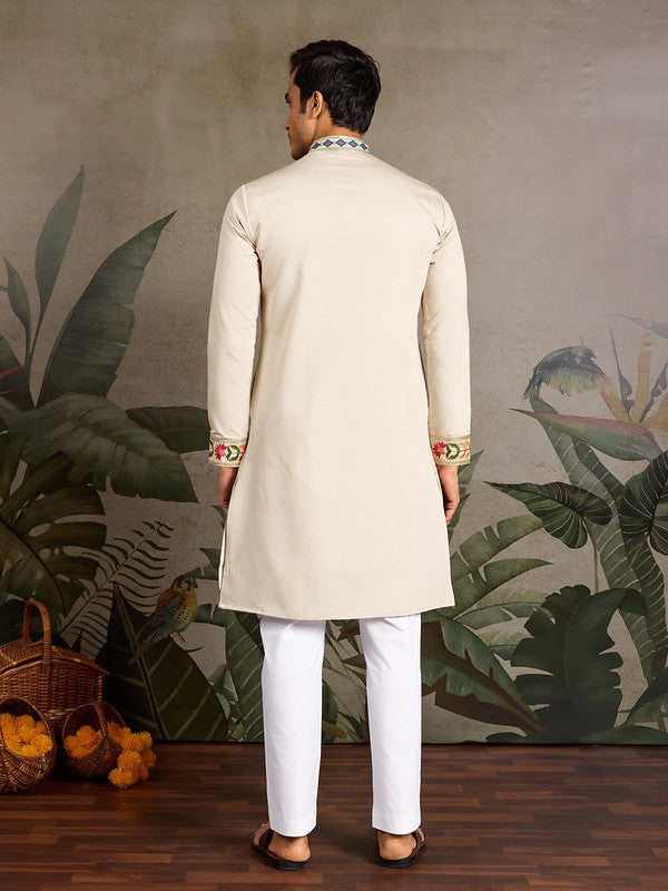 Beige Embroidered Kurta for Men