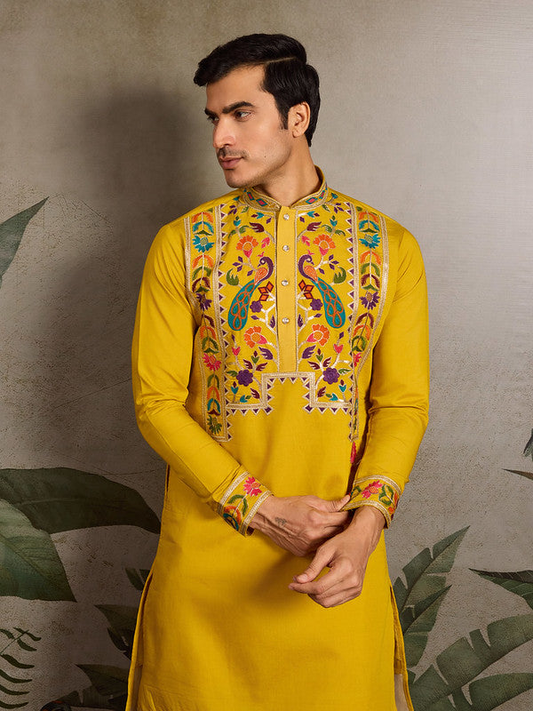 Yellow Embroidered Kurta for Men