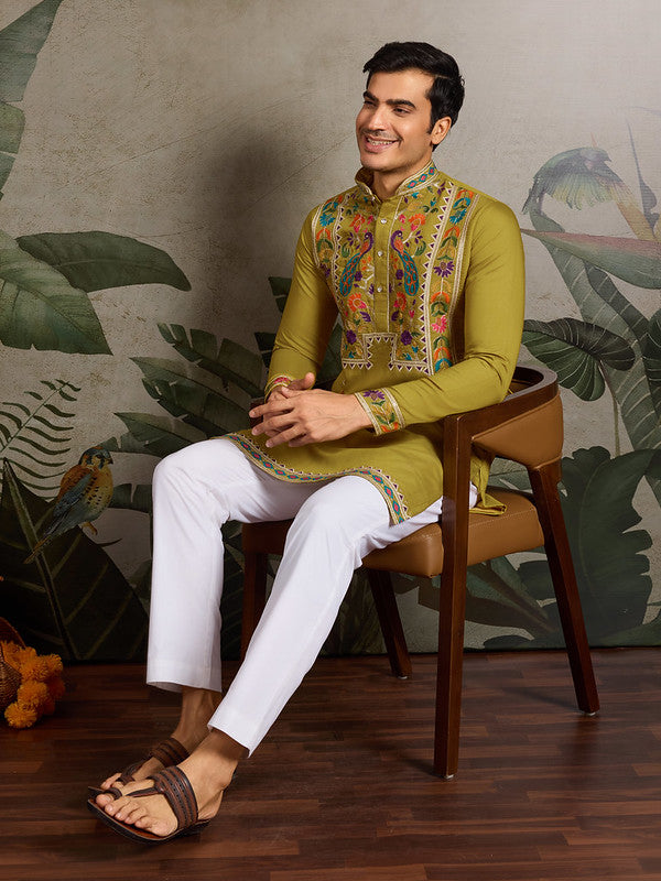 Fluorescent Green Embroidered Kurta for Men