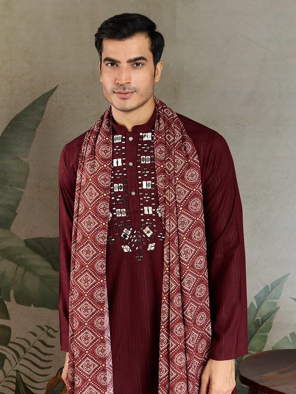 Maroon Mirror Work Kurta with Dupatta for Men