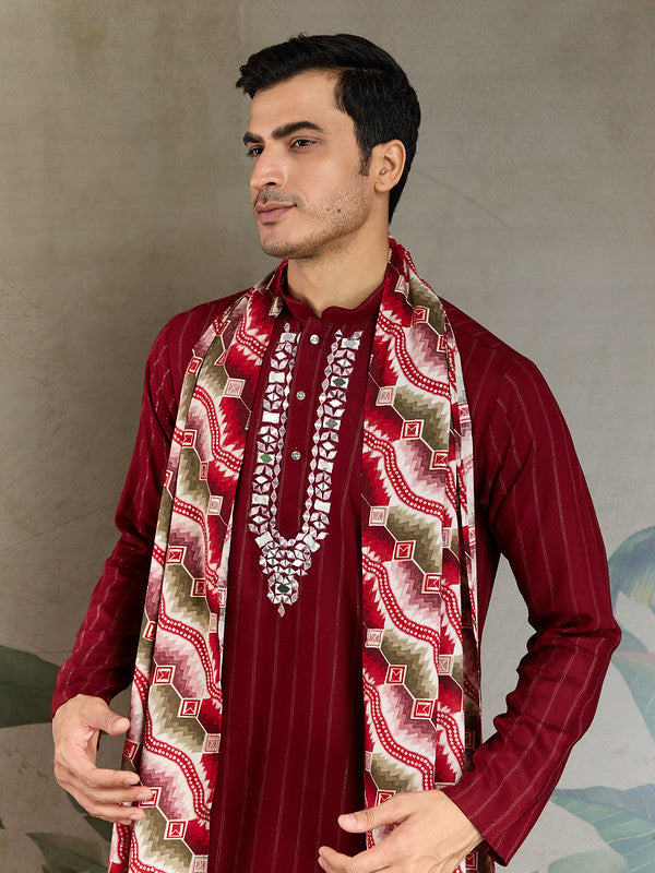 Red Mirror Work Kurta with Printed Dupatta for Men