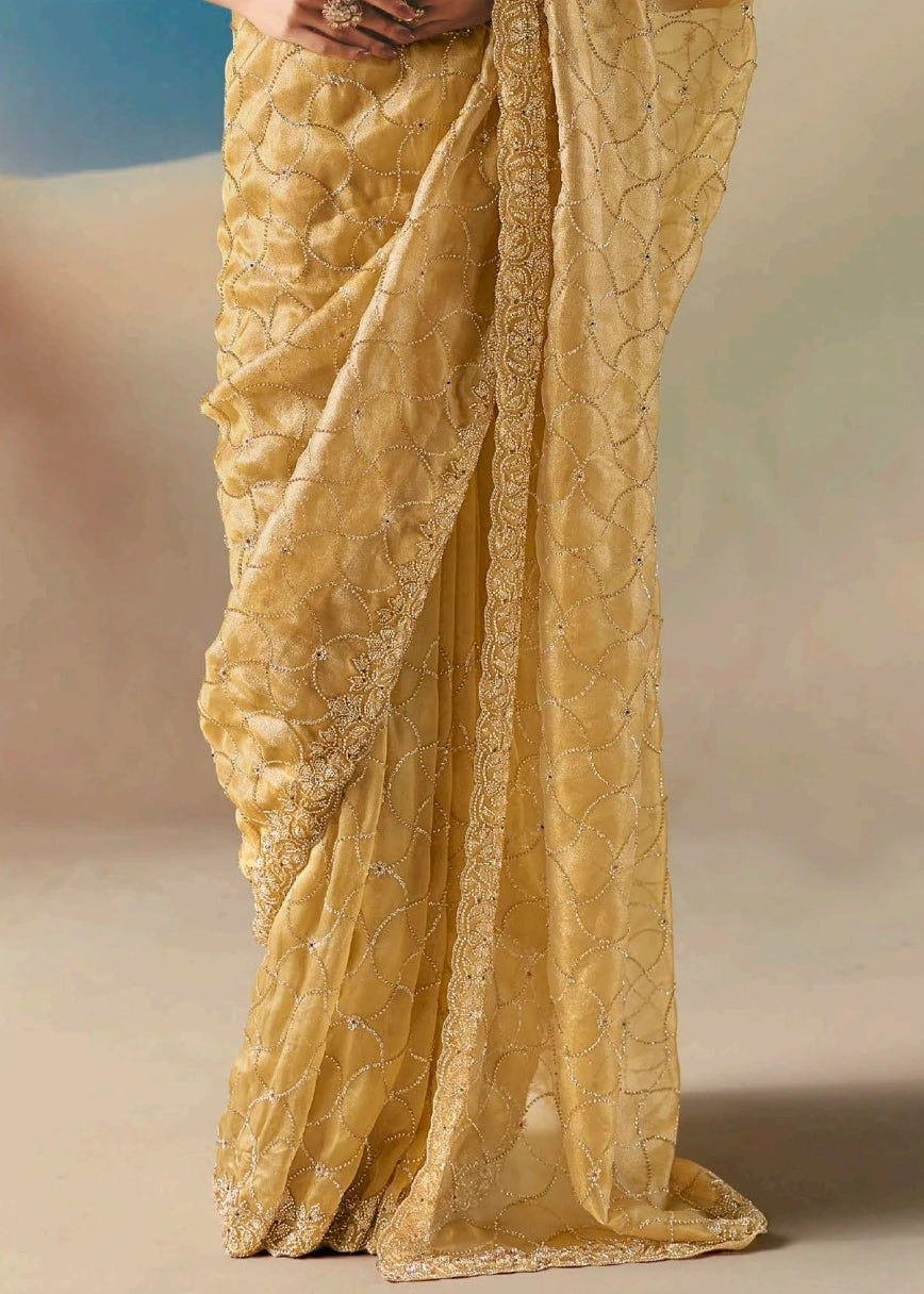Pastel Yellow Fancy Organza Silk Zari Embroidered Sequins With Bridal Saree