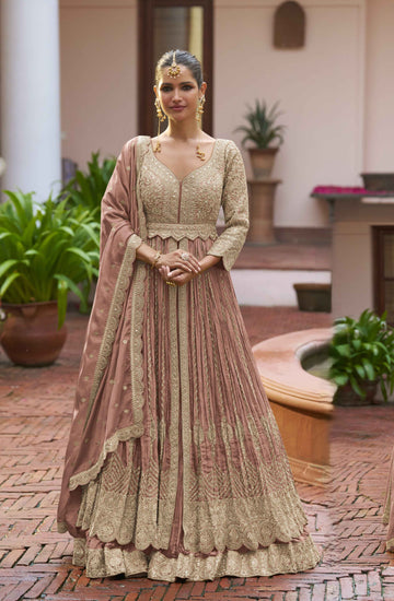 Dusty Rose Embellished Chinon Anarkali Gown Set with Dupatta