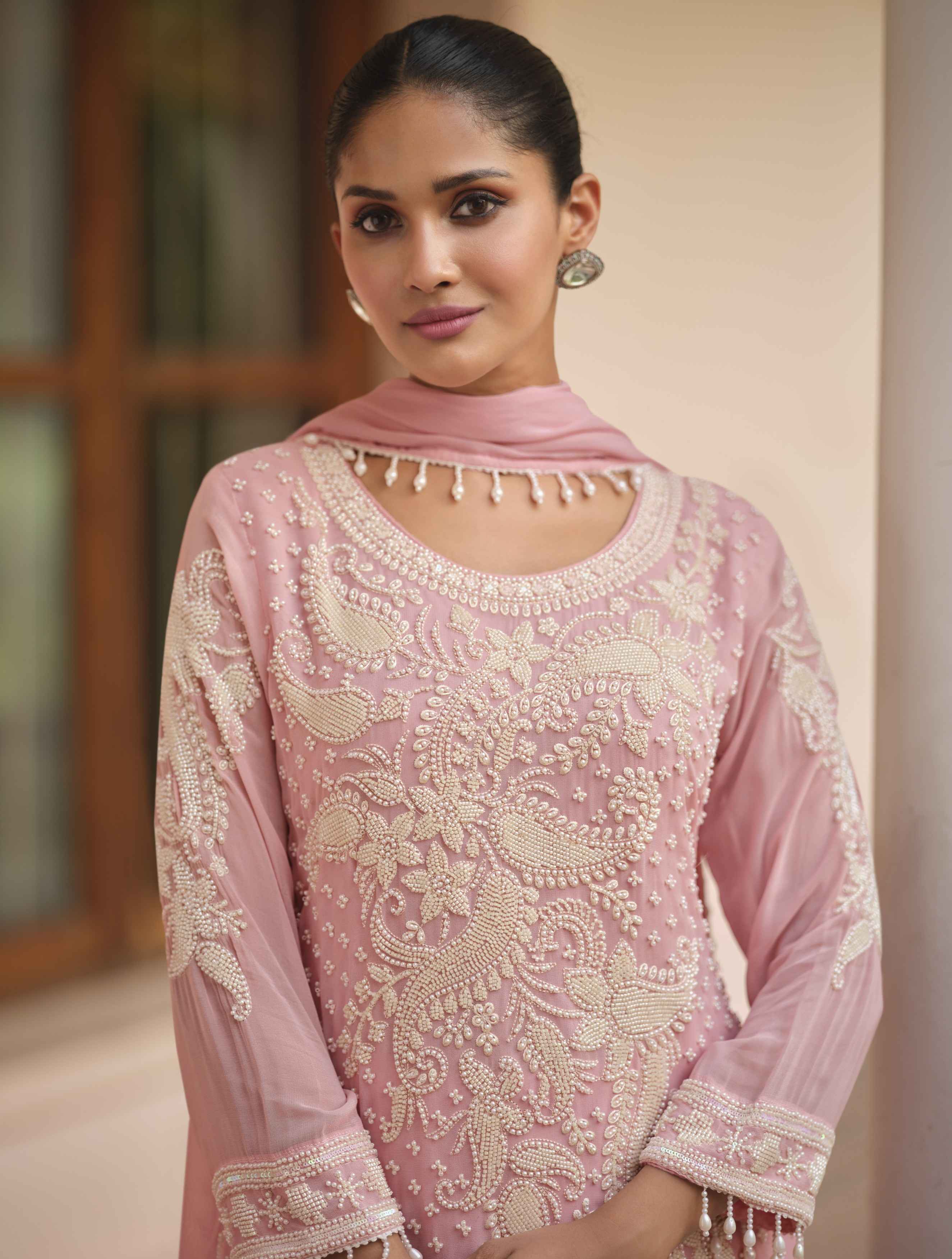Baby Pink Soft Real Georgette Embroidered Palazzo Set Palazzo Suit Anant Tex Exports Pvt.Ltd..